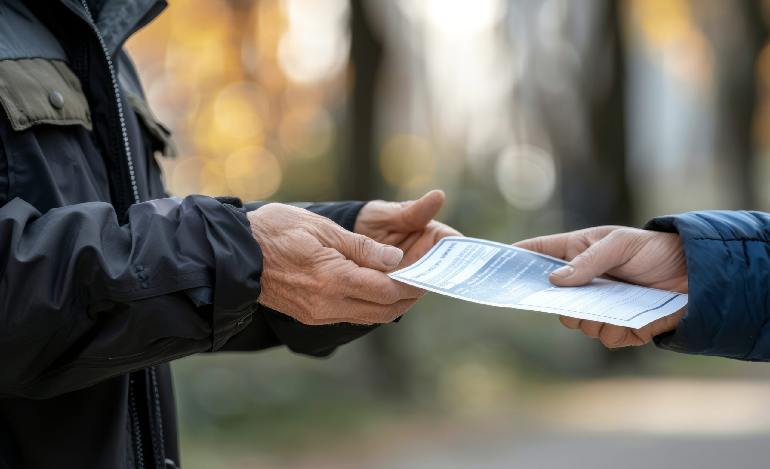 Das Bild stellt eine Person dar, die einer anderen einen Werbeflyer überreicht.